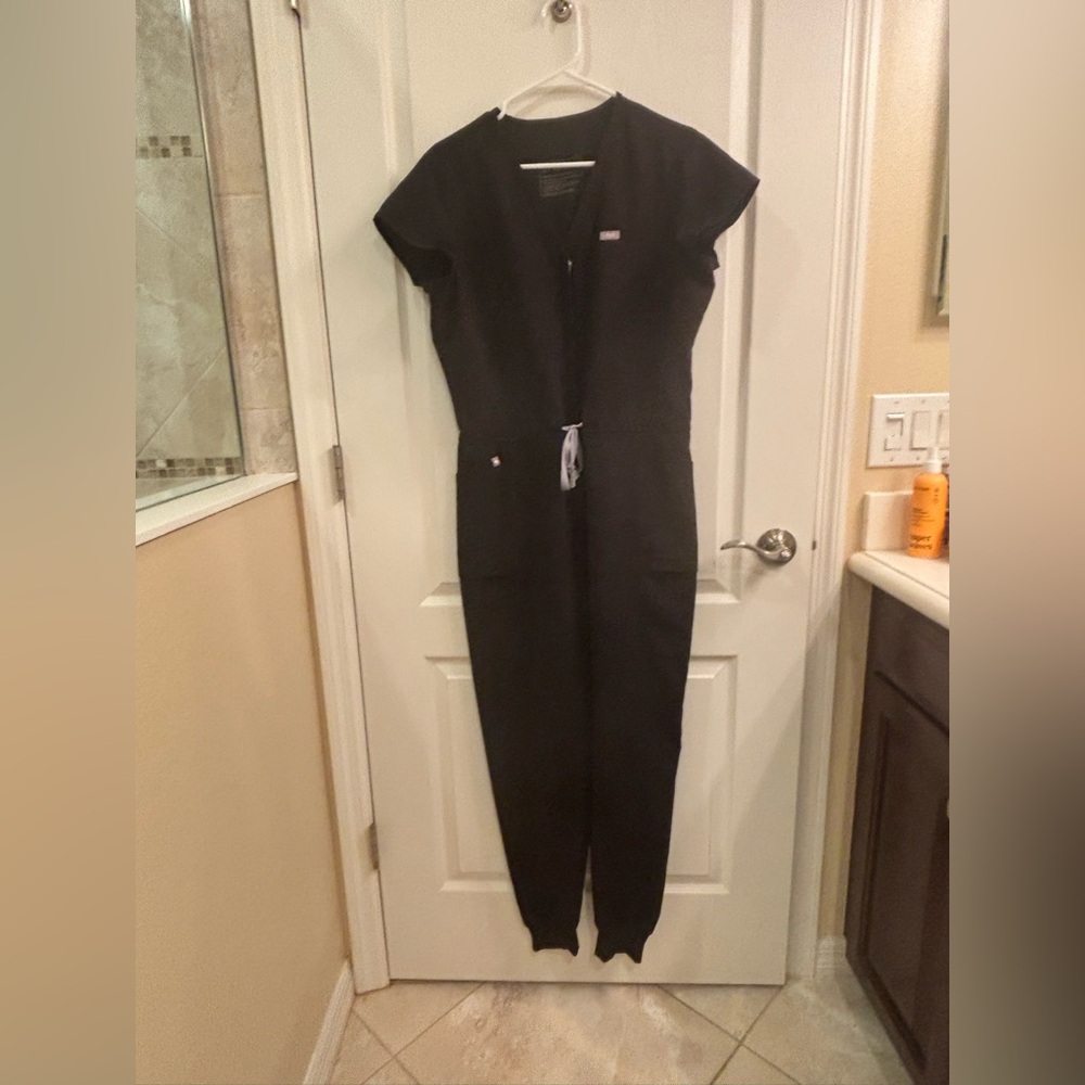 Figs Black Women's Medical Jumpsuit with Waist Drawstring and Utility Pockets